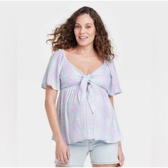 ISABEL MATERNITY Ingrid & Isabel Pastel Plaid Peekaboo Tie-Front Top NWT Easter - Picture 1 of 12